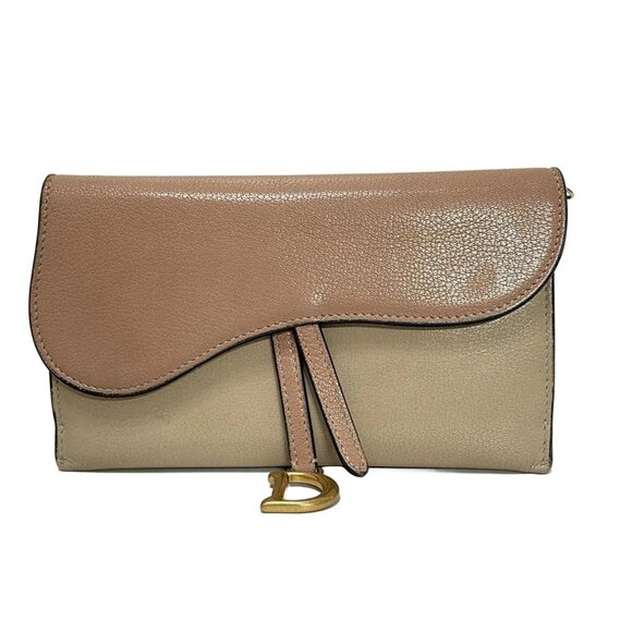 Auth DIOR/ChristianDior Saddle Wallet - Beige Pink Beige Leather - Picture 1 of 8